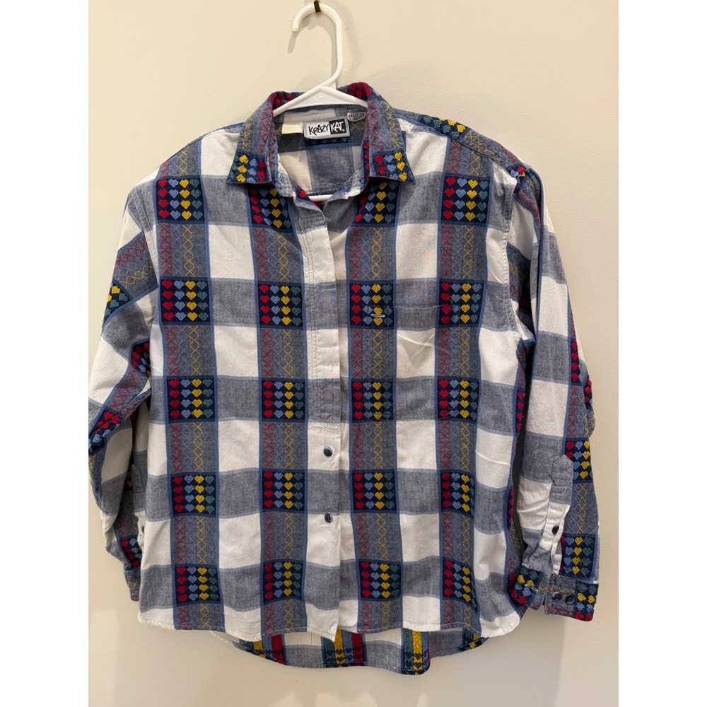 Vintage 1990 Krazy Kat Plaid Embroidered Heart Button Down Shirt Blue White L
